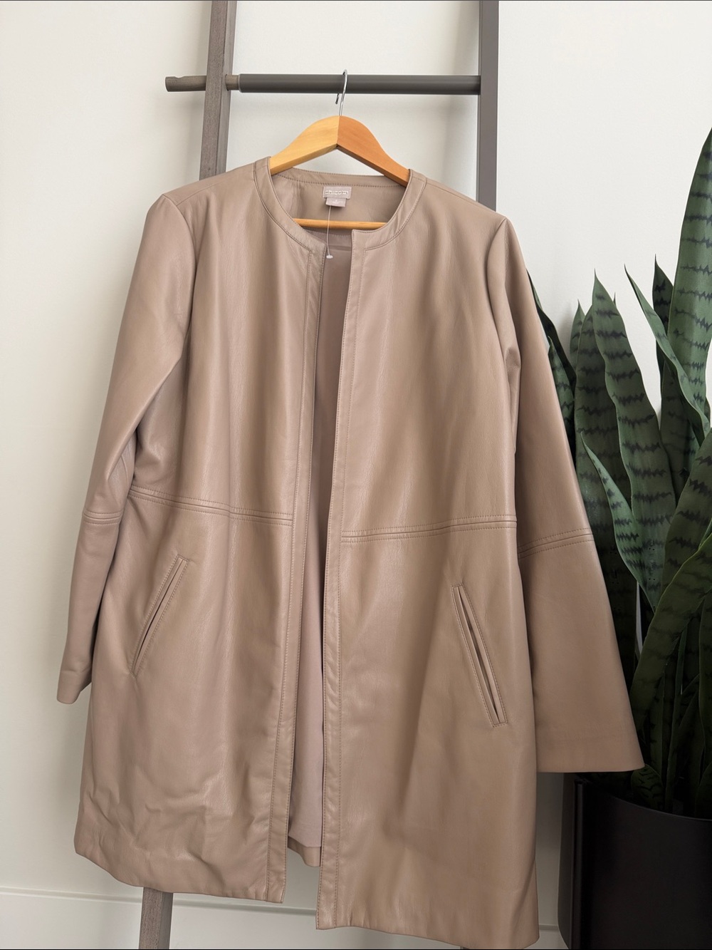 Chico’s Women's Taupe Leather Collarless Coat